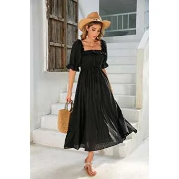 R.Vivimos Women Summer Half Sleeve Cotton Ruffled Vintage Elegant Backless A Line Flowy Long Dresses (Small, Black#2)