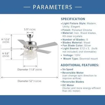 Moooni 52 Inch Modern Reversible Chandelier Fan with Lights and Remote, Elegant Crystal Fandelier Ce...