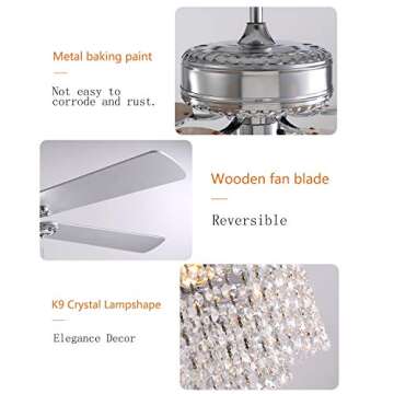 Moooni 52 Inch Modern Reversible Chandelier Fan with Lights and Remote, Elegant Crystal Fandelier Ceiling Light KIt for Bedroom Dining Room Silver