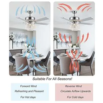 Moooni 52 Inch Modern Reversible Chandelier Fan with Lights and Remote, Elegant Crystal Fandelier Ceiling Light KIt for Bedroom Dining Room Silver