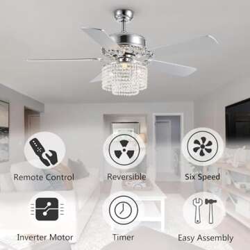 Moooni 52 Inch Modern Reversible Chandelier Fan with Lights and Remote, Elegant Crystal Fandelier Ceiling Light KIt for Bedroom Dining Room Silver