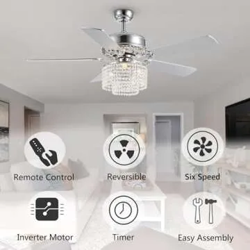 Moooni 52 Inch Modern Reversible Chandelier Fan with Lights and Remote, Elegant Crystal Fandelier Ceiling Light KIt for Bedroom Dining Room Silver
