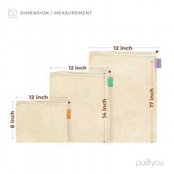purifyou Set of 9 Premium Organic Cotton Produce Bags, Reusable Mesh Storage Bags for Vegetables, Fruits, Snacks, and Groceries, Raw & Unbleached (2 Extra Large, 5 Large, 2 Small Bags)