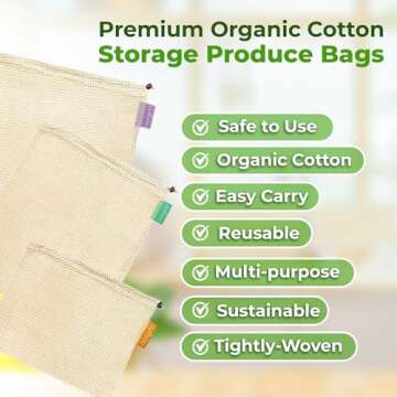 purifyou Set of 9 Premium Organic Cotton Produce Bags, Reusable Mesh Storage Bags for Vegetables, Fruits, Snacks, and Groceries, Raw & Unbleached (2 Extra Large, 5 Large, 2 Small Bags)