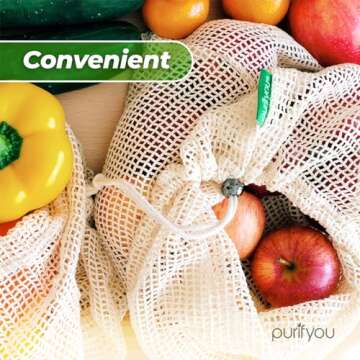 purifyou Set of 9 Premium Organic Cotton Produce Bags, Reusable Mesh Storage Bags for Vegetables, Fruits, Snacks, and Groceries, Raw & Unbleached (2 Extra Large, 5 Large, 2 Small Bags)