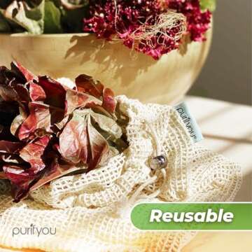 purifyou Set of 9 Premium Organic Cotton Produce Bags, Reusable Mesh Storage Bags for Vegetables, Fruits, Snacks, and Groceries, Raw & Unbleached (2 Extra Large, 5 Large, 2 Small Bags)
