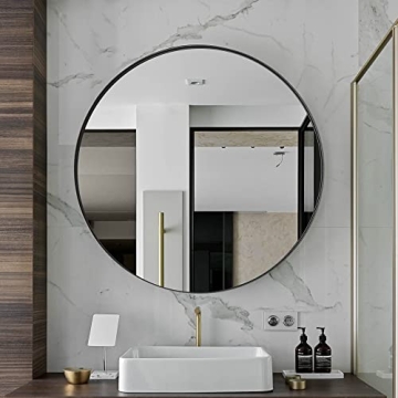 Bathroom Mirror, Black Round Mirror 30 x 30 inch Modern Wall Mirror Metal Frame Circle Mirror Wall M...