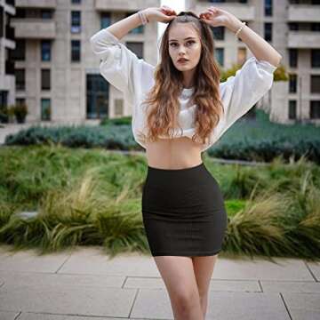 OQQ Women's 2 Piece Basic Versatile Stretchy Ribbed Casual High Waist Mini Skirt, Black Beige, Large