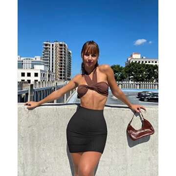 OQQ Women's 2 Piece Basic Versatile Stretchy Ribbed Casual High Waist Mini Skirt, Black Beige, Large