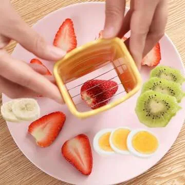 Dexlala 4 Pcs Fruit Slicer with Gap Cleaning Brushes, Egg Slicer for Hard Boiled Eggs, Stainless Steel Cup Slicer kitchen gadget for Fruit Vegetable Egg Strawberry Banana Grape