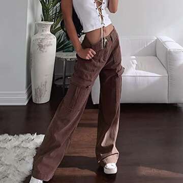 Women's Y2K Fashion Wide Leg High Waist Loose Fit Cargo Jeans Denim Pants Boyfriend Jeans for Teen Girls with Pockets Brown