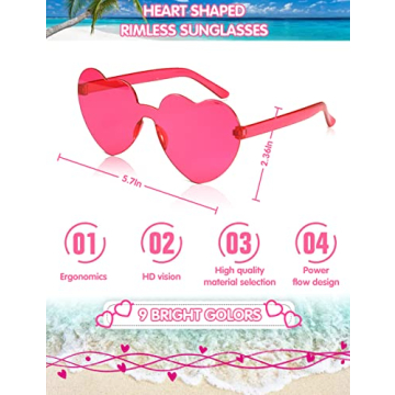 Heart Glasses 9 Pack - Colorful Rimless Sunglasses for Parties