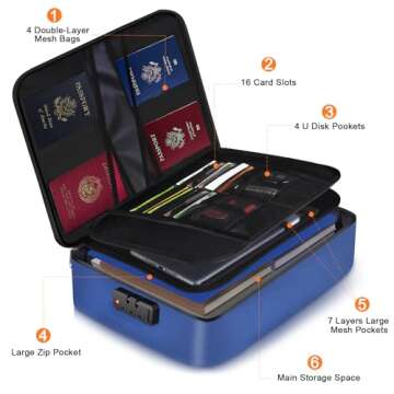 4200℉ Insulated Fireproof Important Document Organizer with Lock(14 X 10 X 3.5 Inches),Multi-Layer File Storage Case with Reflective Strip,Fire Proof File Holder for Legal Documents,Jewelry,Cash(Blue)