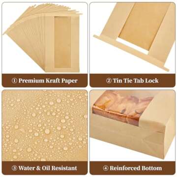 Ohuimrt 50 PCS Large Paper Bread Bags for Sourdough Bread, 13.7 x 8.2 x 3.5 Inches Bakery Bags with Window, Homemade Bread Loaf Bags with Tin Tie Tab Lock