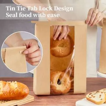 Ohuimrt 50 PCS Large Paper Bread Bags for Sourdough Bread, 13.7 x 8.2 x 3.5 Inches Bakery Bags with Window, Homemade Bread Loaf Bags with Tin Tie Tab Lock