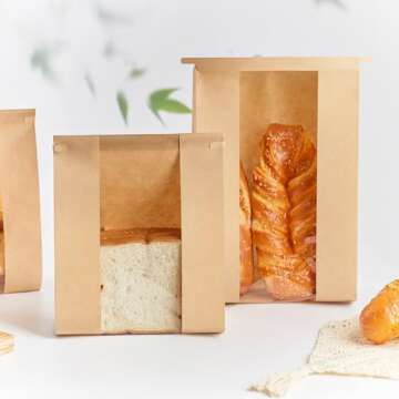 Ohuimrt 50 PCS Large Paper Bread Bags for Sourdough Bread, 13.7 x 8.2 x 3.5 Inches Bakery Bags with Window, Homemade Bread Loaf Bags with Tin Tie Tab Lock