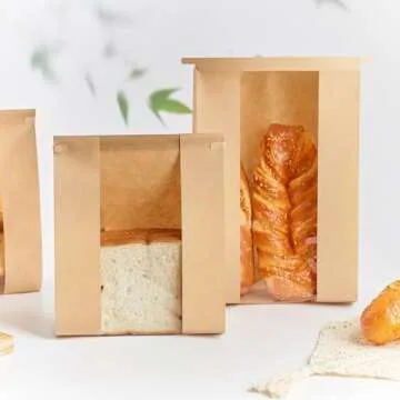 Ohuimrt 50 PCS Large Paper Bread Bags for Sourdough Bread, 13.7 x 8.2 x 3.5 Inches Bakery Bags with Window, Homemade Bread Loaf Bags with Tin Tie Tab Lock