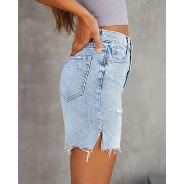 CHICZONE Women's Mid-High Waisted Jean Shorts Stretchy Raw Hem Denim Shorts Cutoff Short Jeans Light Blue L