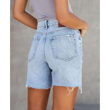 CHICZONE Women's Mid-High Waisted Jean Shorts Stretchy Raw Hem Denim Shorts Cutoff Short Jeans Light Blue L