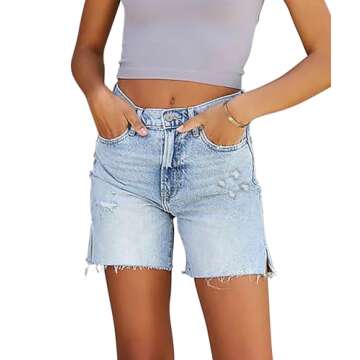 CHICZONE Women's Mid-High Waisted Jean Shorts Stretchy Raw Hem Denim Shorts Cutoff Short Jeans Light Blue L