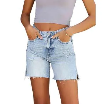 CHICZONE Women's Mid-High Waisted Jean Shorts Stretchy Raw Hem Denim Shorts Cutoff Short Jeans Light Blue L