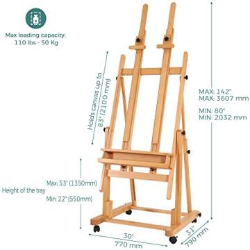 VISWIN Double Mast Extra Large H-Frame Easel, Hold Canvas up to 83", Tilts Flat, Adjustable Solid Be...