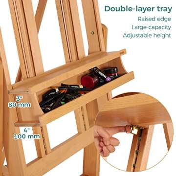 VISWIN Double Mast Extra Large H-Frame Easel, Hold Canvas up to 83", Tilts Flat, Adjustable Solid Beech Wood Heavy Duty Easel Stand with Large Storage, Movable Art Easel for Painting Adult, Artist - N