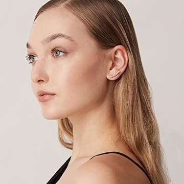 PAVOI 14K Rose Gold Plated "Hearts & Arrows" Simulated Diamond Ear Crawler - Cuff Earrings Hypoallergenic Stud Ear Climber Jackets