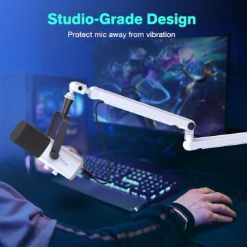 FIFINE Boom Arm Mic Stand, Low Profile Microphone Arm Stand, Podcast Mic Boom Arm with Desk Mount, Cable Channels Management, Metal Boom Arm White for Recording/Streaming/Gaming/Home Office-BM88W