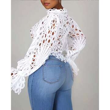Doweha Women’s Sexy Ruffle Long Sleeve Summer Lace Tops 2025 Puff Flare Shirt V Neck Hollow Out Bu...