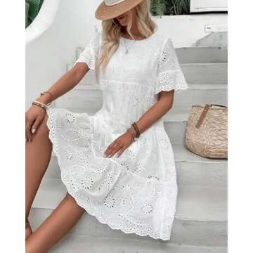 Chouyatou Women's Lace Eyelet Short Sleeve Dress