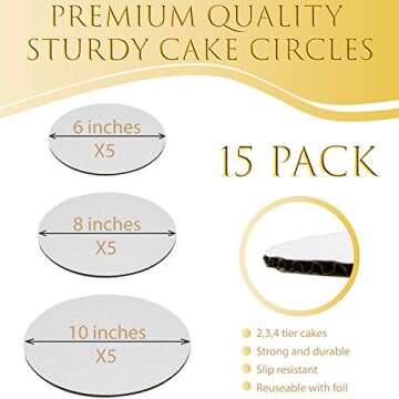 Upper Midland Products Cake Boards - Set of 15 White Cake circle bases - 6 inches, 8 inches, and 10 inches, 5 of eachâ€¦ (15)