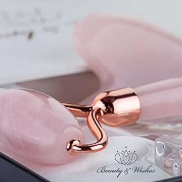 Rose Quartz Jade Roller and Gua Sha Massager for Face with CounterTop Stand - Grade A - Authentic Brazilian Stone set Helps Reducing Puffiness, Wrinkles, Fine Lines, Drainage and Elasticity