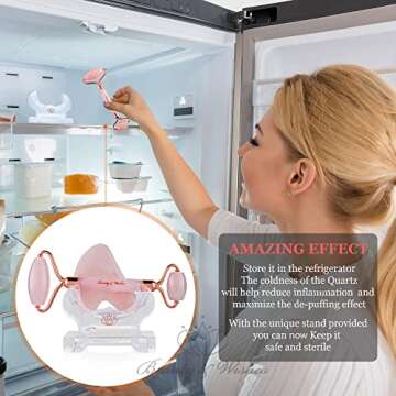 Rose Quartz Jade Roller and Gua Sha Massager for Face with CounterTop Stand - Grade A - Authentic Brazilian Stone set Helps Reducing Puffiness, Wrinkles, Fine Lines, Drainage and Elasticity