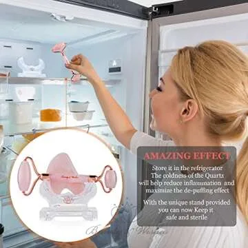 Rose Quartz Jade Roller and Gua Sha Massager for Face with CounterTop Stand - Grade A - Authentic Brazilian Stone set Helps Reducing Puffiness, Wrinkles, Fine Lines, Drainage and Elasticity