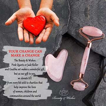 Rose Quartz Jade Roller and Gua Sha Massager for Face with CounterTop Stand - Grade A - Authentic Brazilian Stone set Helps Reducing Puffiness, Wrinkles, Fine Lines, Drainage and Elasticity