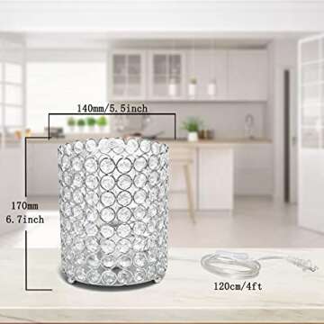 Crystal Lamp, FLoodoor Silver Lampshade K9 Crystal Table Lamp, Modern Style Decorative Bedside Table Lamp, Suitable for Bedroom, Bedside, Living Room, Bookcase (with Plug)