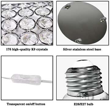 Crystal Lamp, FLoodoor Silver Lampshade K9 Crystal Table Lamp, Modern Style Decorative Bedside Table Lamp, Suitable for Bedroom, Bedside, Living Room, Bookcase (with Plug)