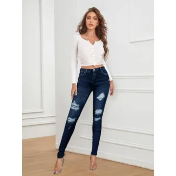 Hybrid & Company Women's Butt Lift Stretch Ripped Jeans