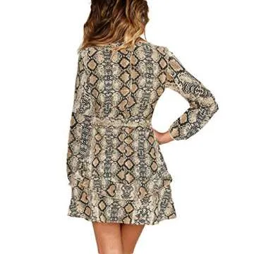 UGUEST Women Long Sleeve V Neck Dress Floral Mini Swing Party Wedding Dress with Belt Snakeskin Print S