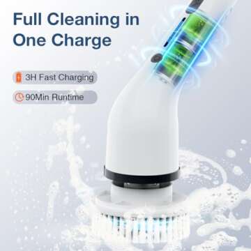 Lefree Electric Spin Scrubber, Cordless, 2 Speeds, Black, Plastic, w/ 8 Replaceable Brush Heads, for Cleaning Floors, Windows, Bathtubs, Grout, Tiles, Sink, Car