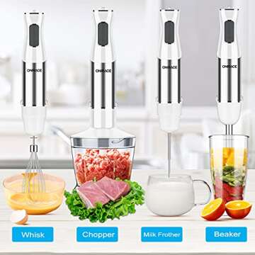 Immersion Blender, 5-in-1 Hand Blender Kits, 800W Powerful 12-Speed Handheld Stick Blender with Stainless Steel Blades, 500ml Chopper, 600ml Beaker, Egg Whisk, Milk Frother for Kitchen Multi-Purpose