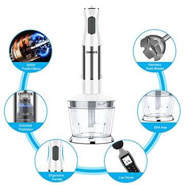 Immersion Blender, 5-in-1 Hand Blender Kits, 800W Powerful 12-Speed Handheld Stick Blender with Stainless Steel Blades, 500ml Chopper, 600ml Beaker, Egg Whisk, Milk Frother for Kitchen Multi-Purpose