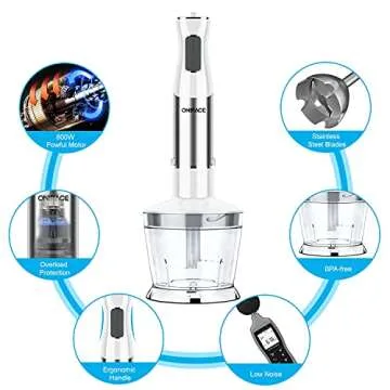 Immersion Blender, 5-in-1 Hand Blender Kits, 800W Powerful 12-Speed Handheld Stick Blender with Stainless Steel Blades, 500ml Chopper, 600ml Beaker, Egg Whisk, Milk Frother for Kitchen Multi-Purpose