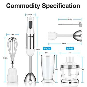 Immersion Blender, 5-in-1 Hand Blender Kits, 800W Powerful 12-Speed Handheld Stick Blender with Stainless Steel Blades, 500ml Chopper, 600ml Beaker, Egg Whisk, Milk Frother for Kitchen Multi-Purpose