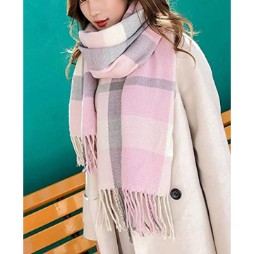 Wander Agio Pink Grey Knit Plaid Winter Scarf