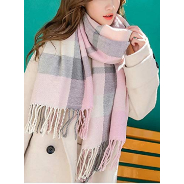 Wander Agio Pink Grey Knit Plaid Winter Scarf