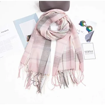 Wander Agio Pink Grey Knit Plaid Winter Scarf