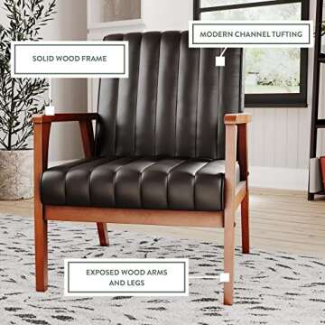 Edenbrook Carlton Exposed Wooden Arm Accent Chair for Living Room-Real Wood-Modern Channeled Tufting, Black