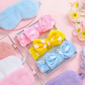Zhanmai 12 Pcs Sleepover Party Supplies for Girl Teenage, Plush Sleep Eye Mask Soft Plush Nap Eye Shade Plush Bow Spa Headbands, Elastic Hair Band for Single Women Spa Slumber Party Favor
